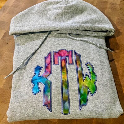 Tie Dye Appliquéd embroidered scalloped font initial hoodie - image1